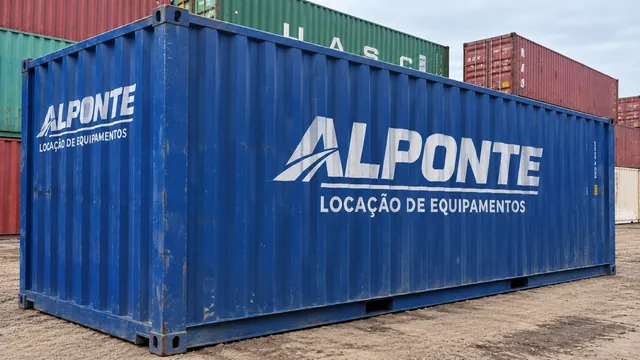 Contêiner azul com a marca Alponte Locação de Equipamentos em um pátio